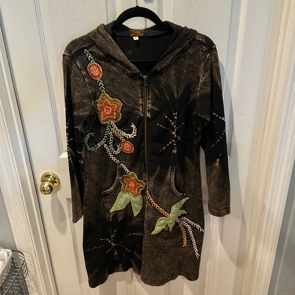Rising International | Charcoal Embroidered Long Hooded zipper Jacket/Coat/dress